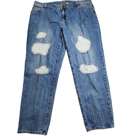 Michael Kors Womens Dillon Relaxed Fit Patchwork Distressed Blue Denim Jeans Siz - Picture 14 of 15